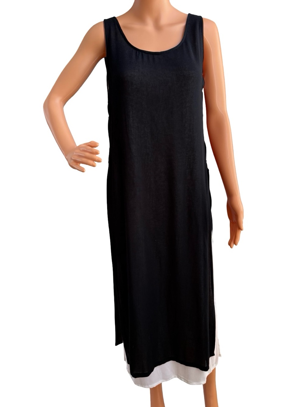 Sleeveless Black Midi Dress with White Hem